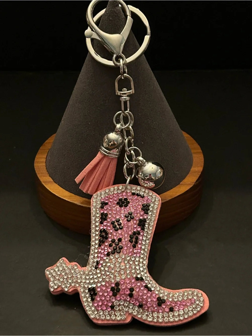 PREMIUM Puffy Pink Crystal Cowboy Boot Bag Charm Keychain Key & Card Holder